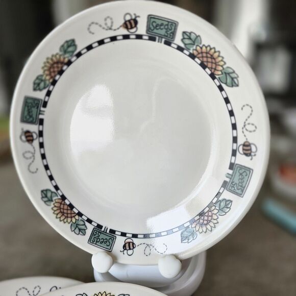 Corelle Sunblossoms 6 3/4 4  plates sunflowers, bumblebees, and seed packets - Picture 3 of 5